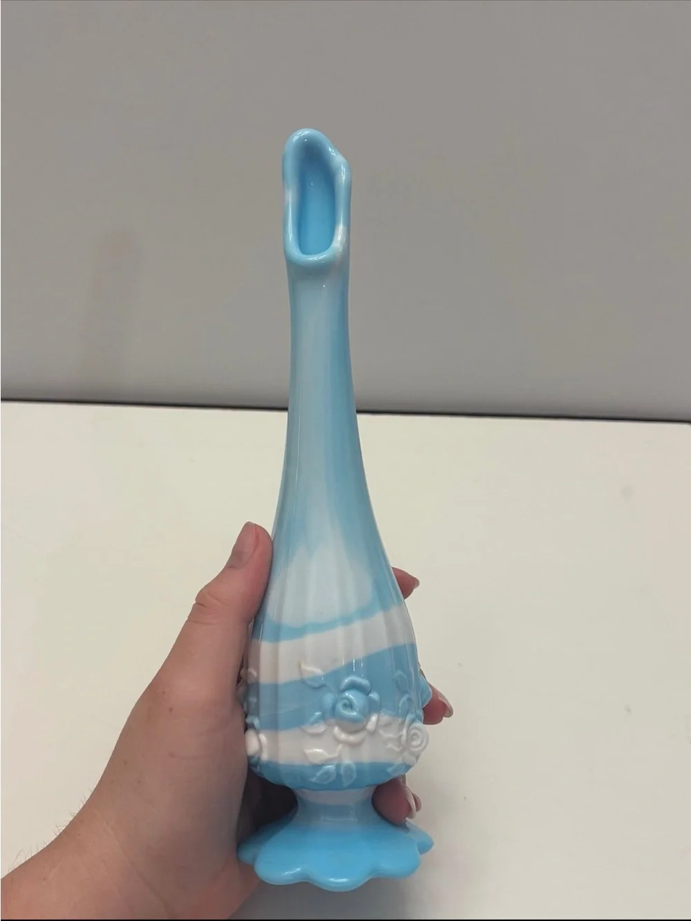 Fenton Blue Marble rose pattern slag vase